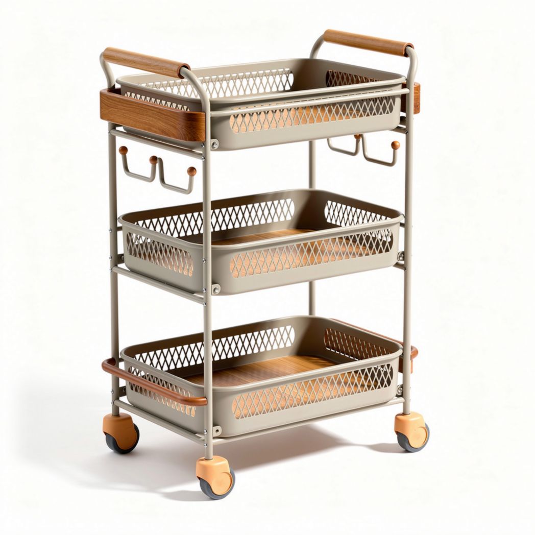 Chariot de rangement mobile à trois niveaux en métal et bois 70 x 40 x 90cm