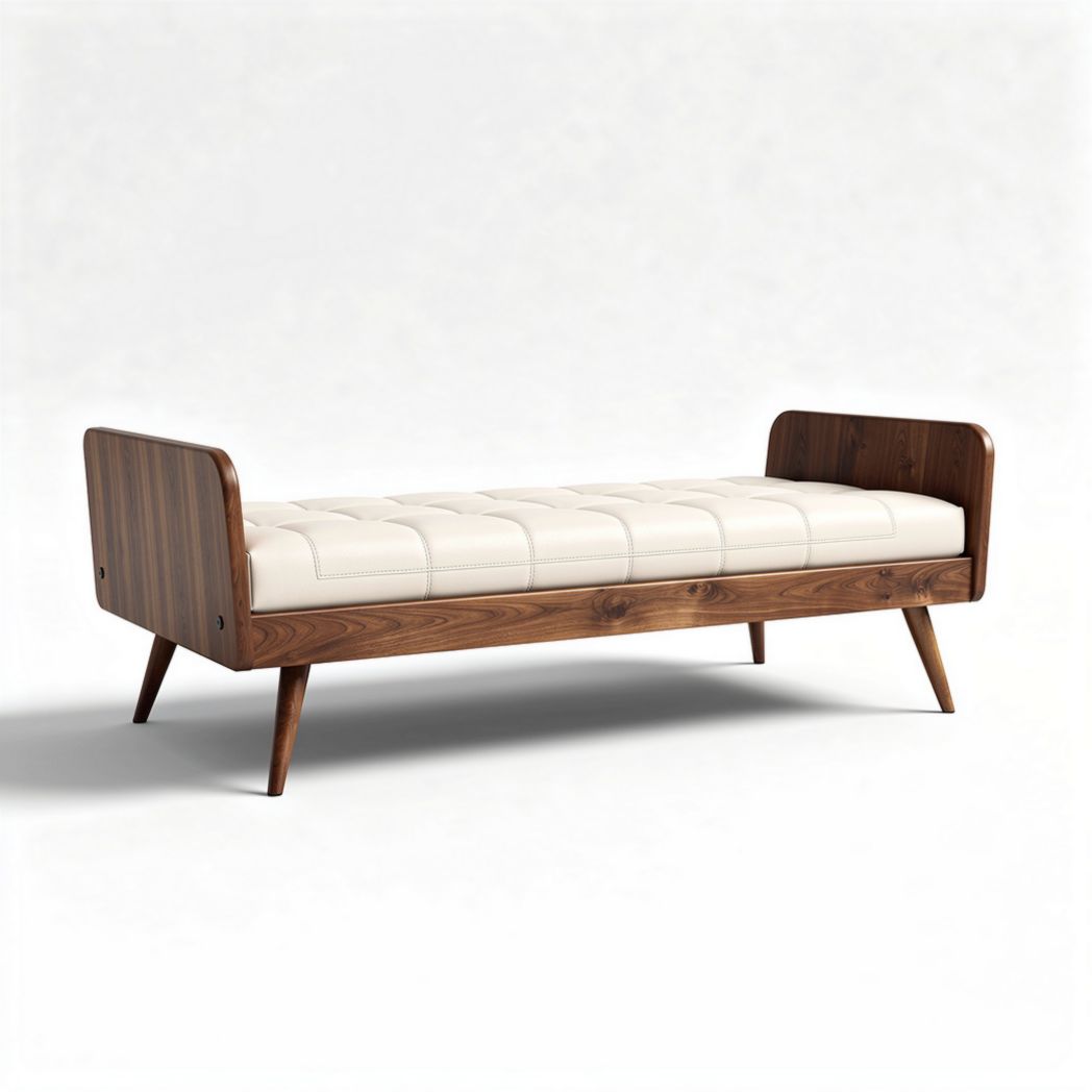 Banquette en bois de noyer avec rembourrage en cuir blanc 150 x 70 x 75cm