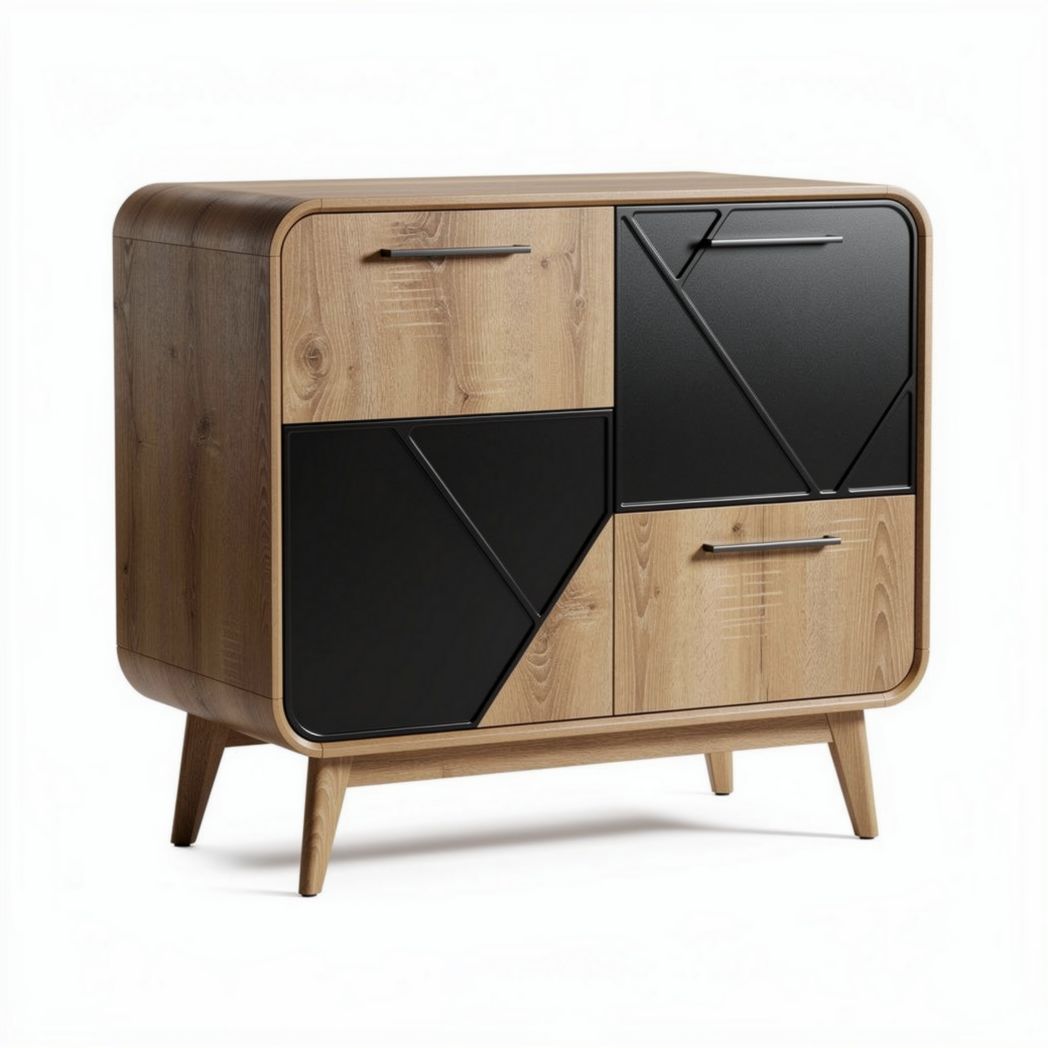 buffet en bois naturel et noir géométrique 80 x 40 x 75cm avec tiroirs