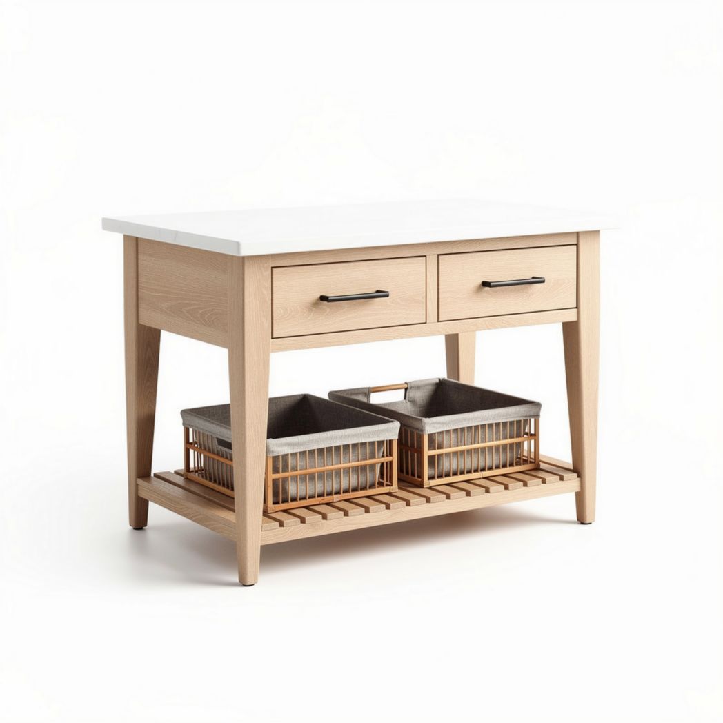 Table de cuisine en bois avec plateau en blanc et deux tiroirs 80 x 60 x 80cm