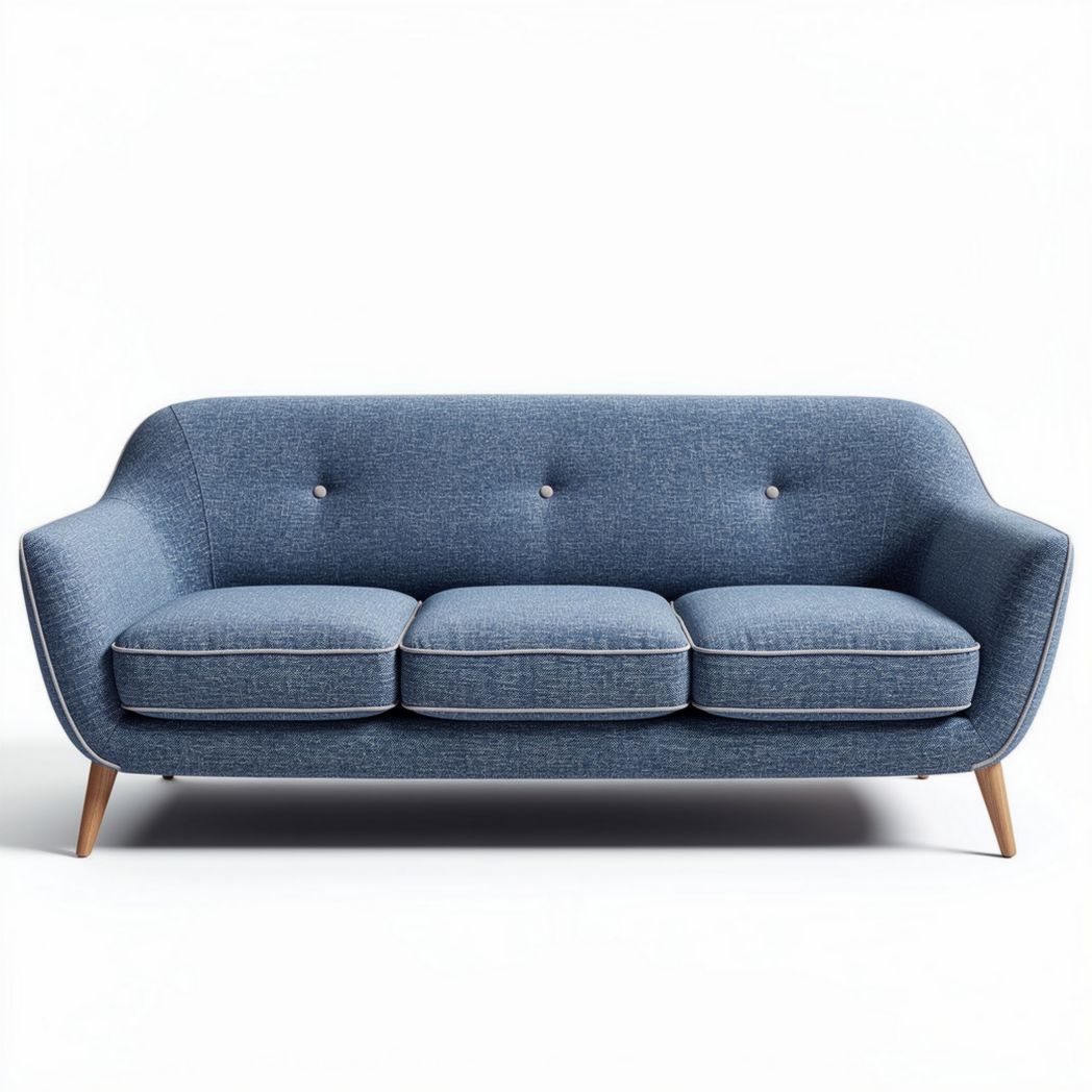 Canapé en tissu denim bleu trois places avec pieds en bois 180 x 80 x 75cm